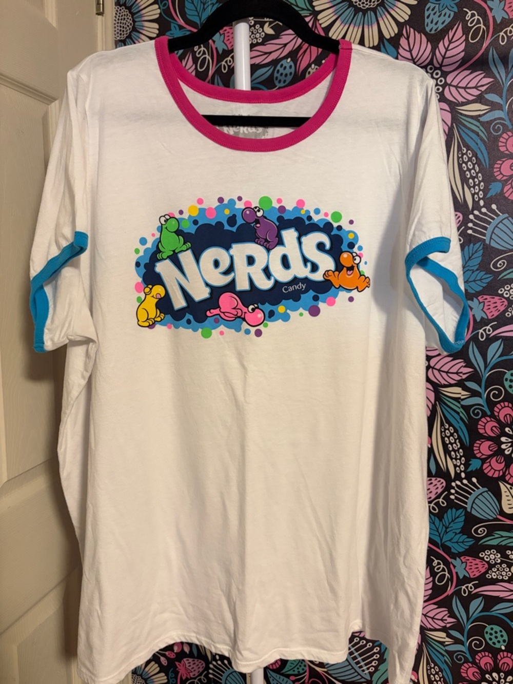 torrid White Tee with Pink Neckline and Blue Sleeve Trim — Nerds Candy Graphic